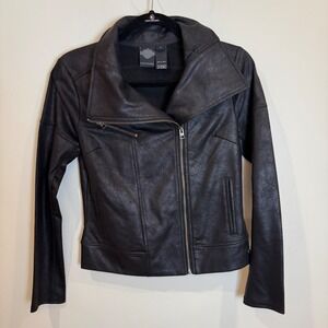 Harley Davidson Womens Black Faux Leather Moto Jacket Biker Style Size S